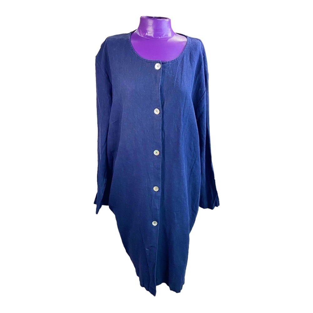 Coldwater Creek navy linen rayon button up tunic L